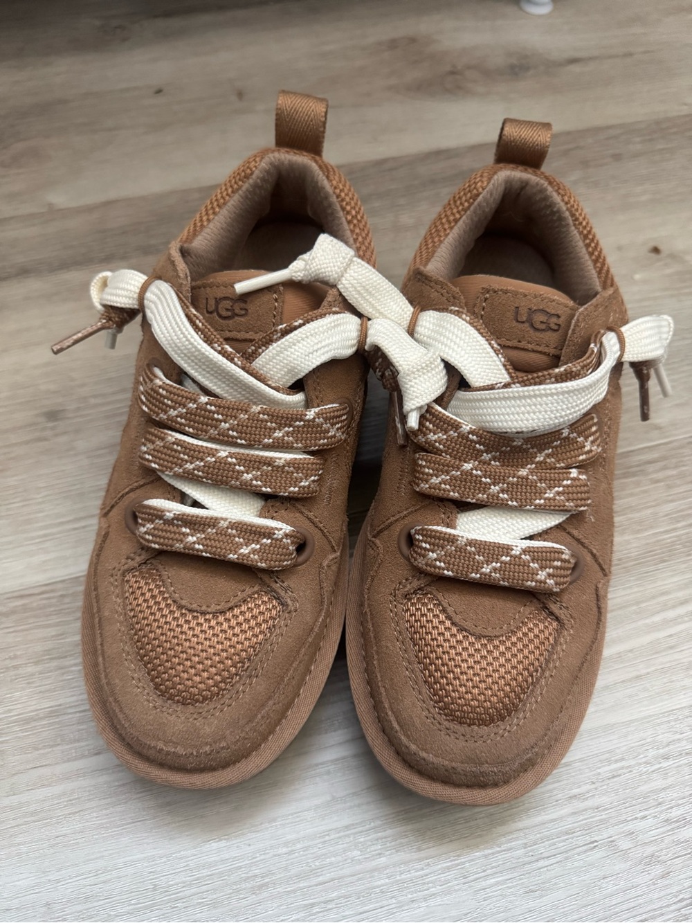 UGG Brown Suede & Mesh Toddler Sneakers with Cream Laces